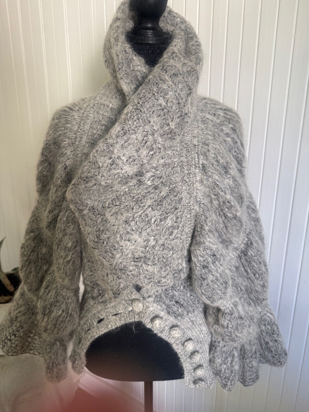 Catherine Malandrino Mohair Wool Grey Cardigan, Shawl Balloon Sleeve Knit